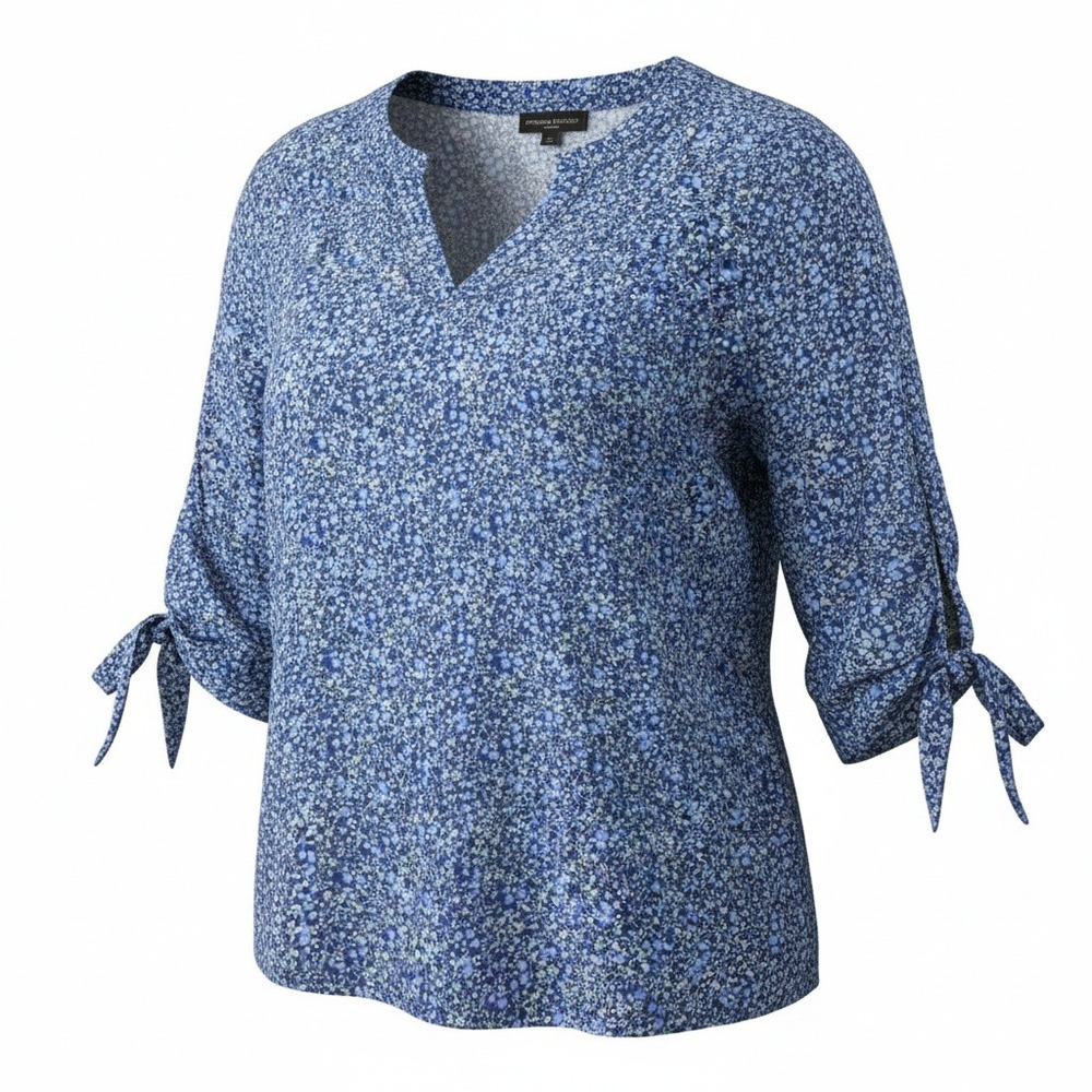 Cynthia Rowley Womens 1X Blue Floral Rayon Blouse Tie Sleeve Boho Plus Size
